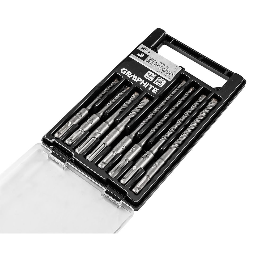 Zestaw wierteł do betonu SDS Plus z podwójną spiralą 5, 6, 8, 10 x 110 mm, 5, 6, 8, 10 x 160 mm Zestaw wierteł do betonu SDS Plus z podwójną spiralą 5, 6, 8, 10 x 110 mm, 5, 6, 8, 10 x 160 mm