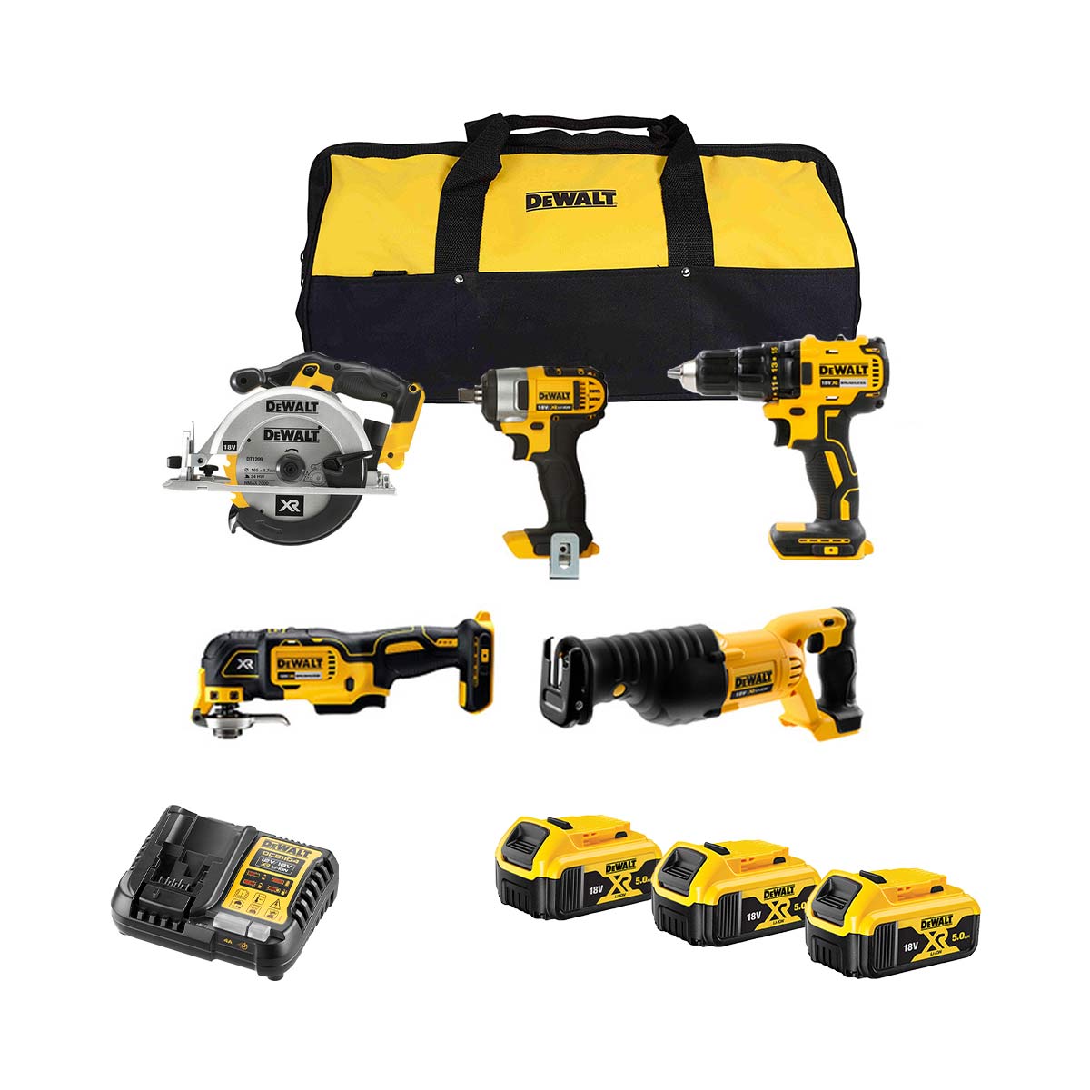 DeWalt DCK525P3 18V 5-Maschinen Elektrowerkzeugset mit 3x 5 Ah Akkus, Ladegerät und Tasche DeWalt DCK525P3 18V 5-Maschinen Elektrowerkzeugset mit 3x 5 Ah Akkus, Ladegerät und Tasche