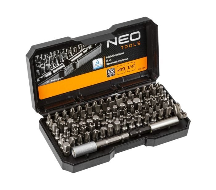 NEO TOOLS 99 darabos 1/4" S2 acél bitkészlet mágneses tartóval