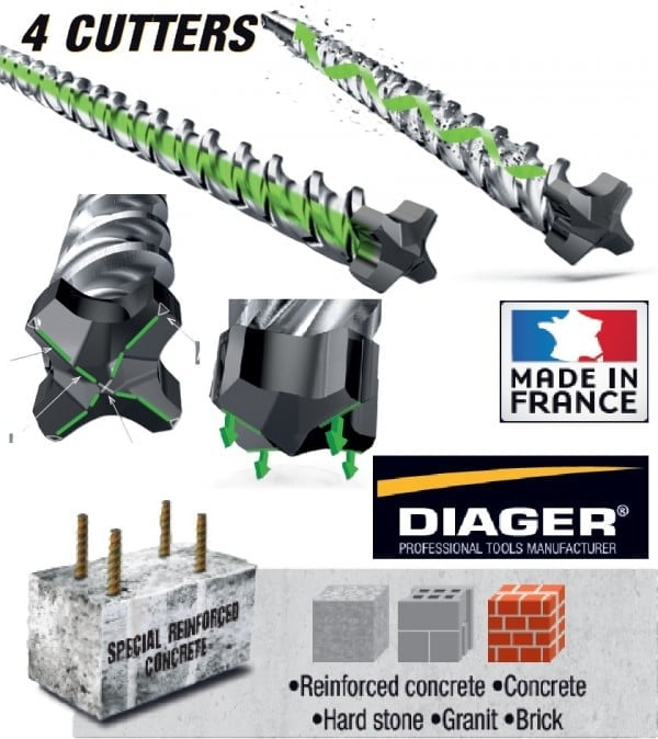 DIAGER SDS-Plus 4G4 Betonfúró 12x210mm DIAGER SDS-Plus 4G4 Betonfúró 12x210mm