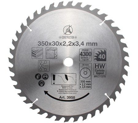 BGS körfűrészlap Ø350x30 mm, 40 keményfém fog