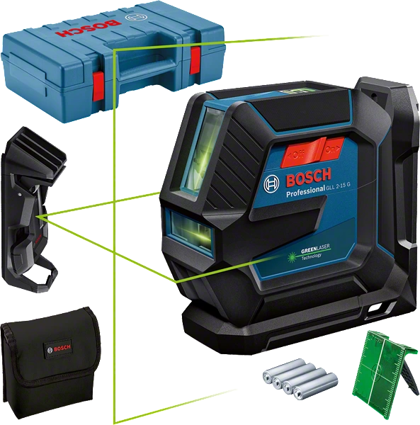 Bosch GLL 2-15 G Zöld Keresztlézer Szintező LB 10 Tartóval és Állvánnyal, Kofferben